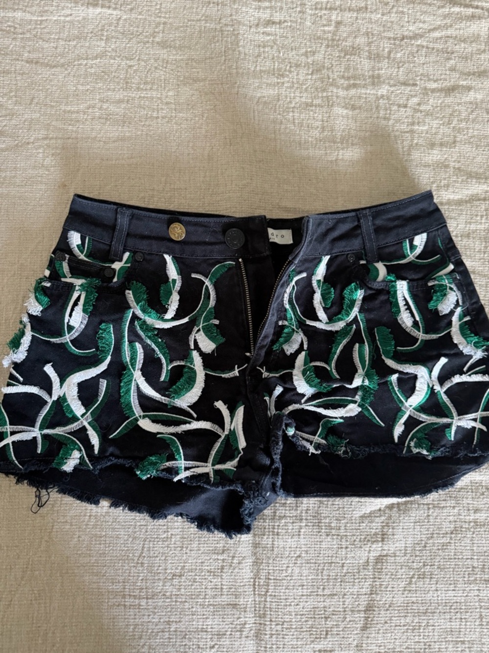 Sandro Black Denim Shorts with Green & White Embroidery